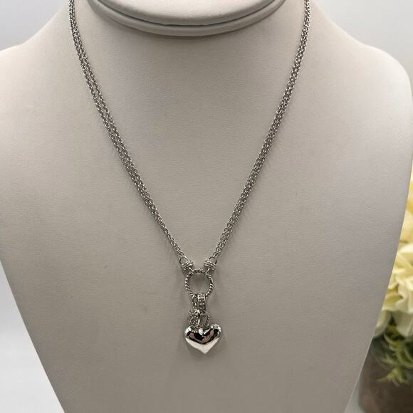 DBJ Sterling Silver Chain Pave and Smooth Heart Charms Double Strand Necklace - Picture 1 of 8